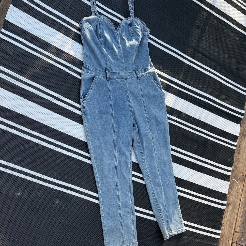 VTG Rock ‘n’ roll denim blue jeans romper XL halter  1 Pc jumper waist 17 1/2”